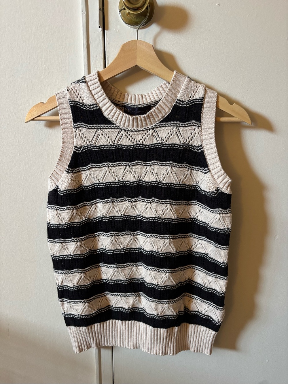 Marks & Spencer Black and Cream Striped Knit Sleeveless Crew Vest